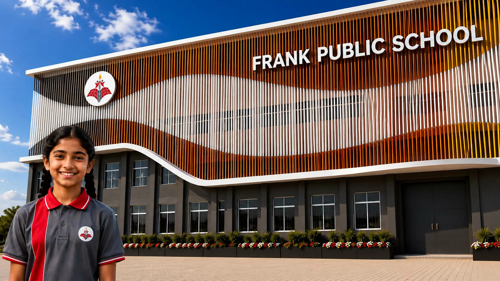 Frank Public School campus with student and building facade